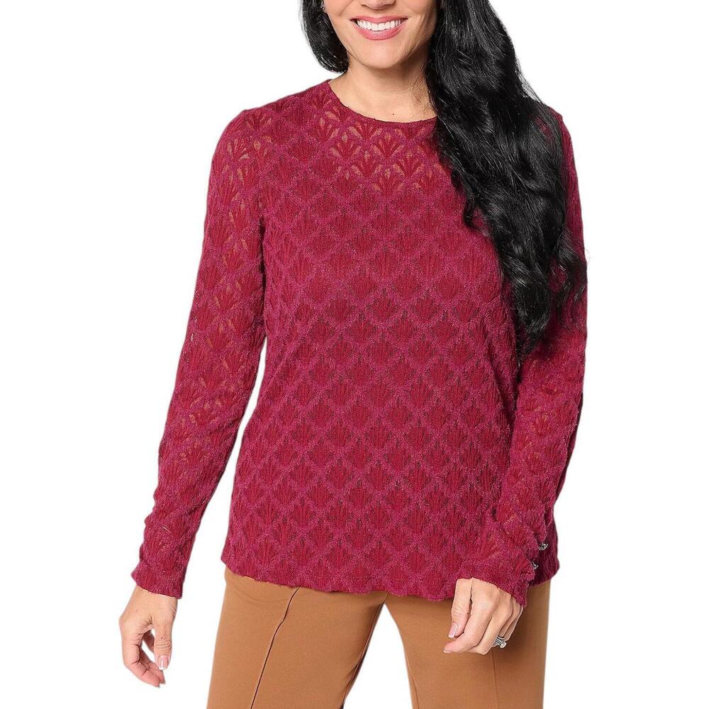Susan Graver Women's Knit Lace Crew Neck Long Slv Top Burgundy Berry - Regular